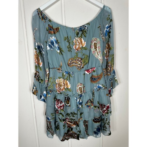 ALICE + OLIVIA Waylon Ruffle Mini Dress in Icy Aqua - Paisley Floral Size 6 - Picture 13 of 15
