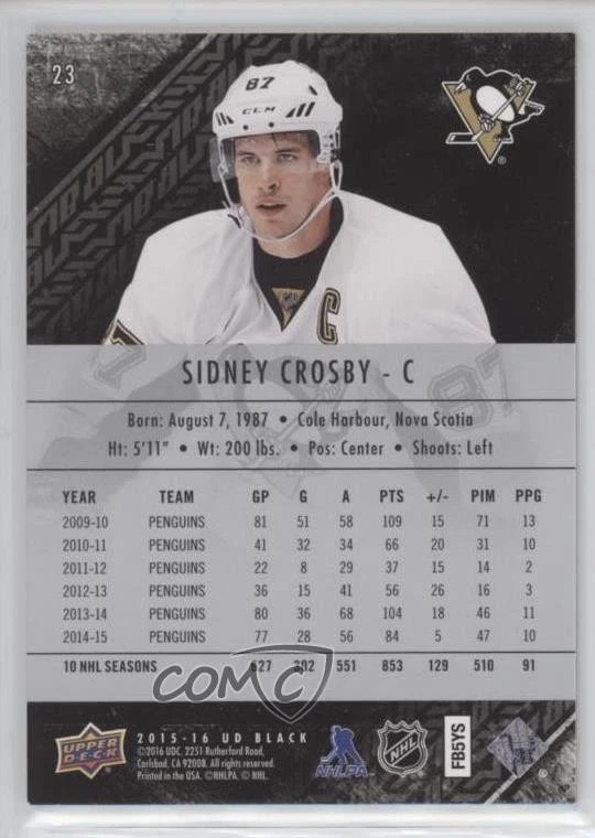 2015-16 UD Black /349 Sidney Crosby #23 - Image 2 of 2