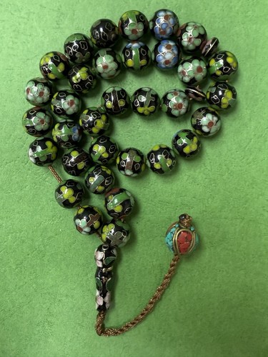 Antique Enameled Prayers Beads 33 Beads Rosary Very Rare Black Green 79g R15 - Picture 2 of 18