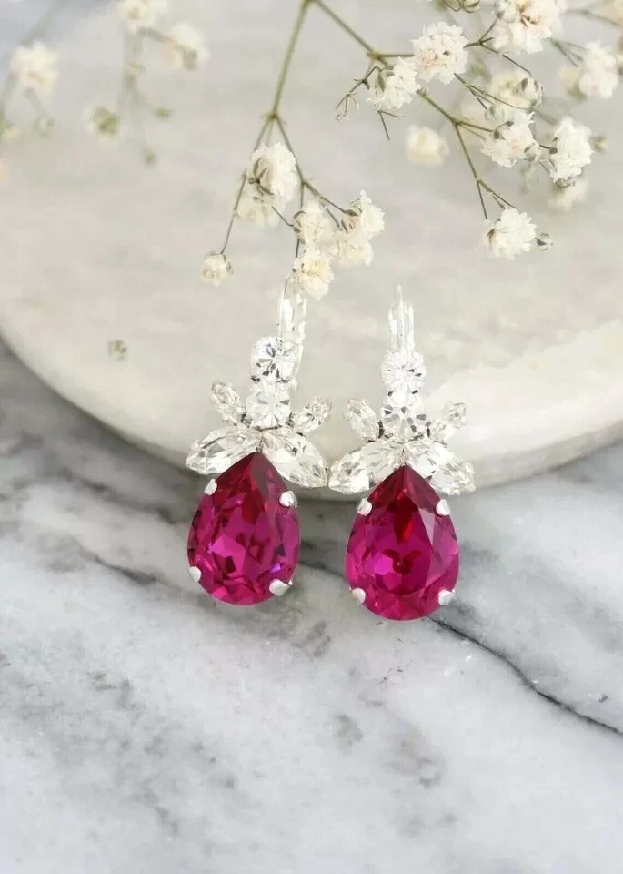 Pendientes colgantes para mujer de rubí rosa simulado corte pera de 3 quilates enchapados en oro blanco de 14 k Foto 3 de 4