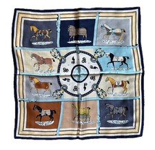 21"x21"Blue Ten Horses Print Pure Mulberry Satin Silk12momme Scarf 53X53cm6-35