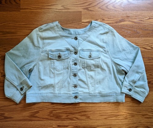 Torrid Denim Blue Jean Lt Wash Crop Collarless Button Down Stretch Jacket Size 2 - Picture 3 of 9