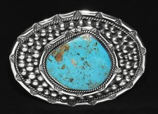 LARGE Old 1970s Signed NAVAJO Blue Diamond Turquoise 114g 925 Silver Belt Buckle
