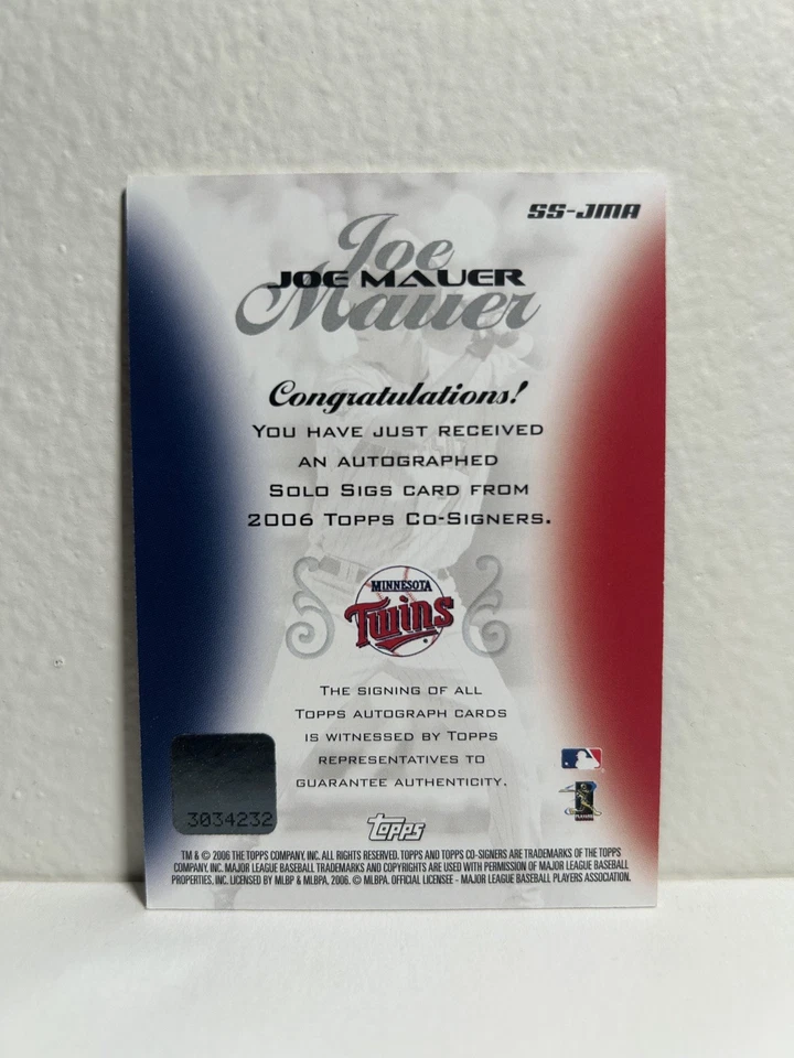 2006 Topps Co-firmantes Joe Mauer Auto Salón de la fama - Mellizos #SS-JMA Foto 2 de 2
