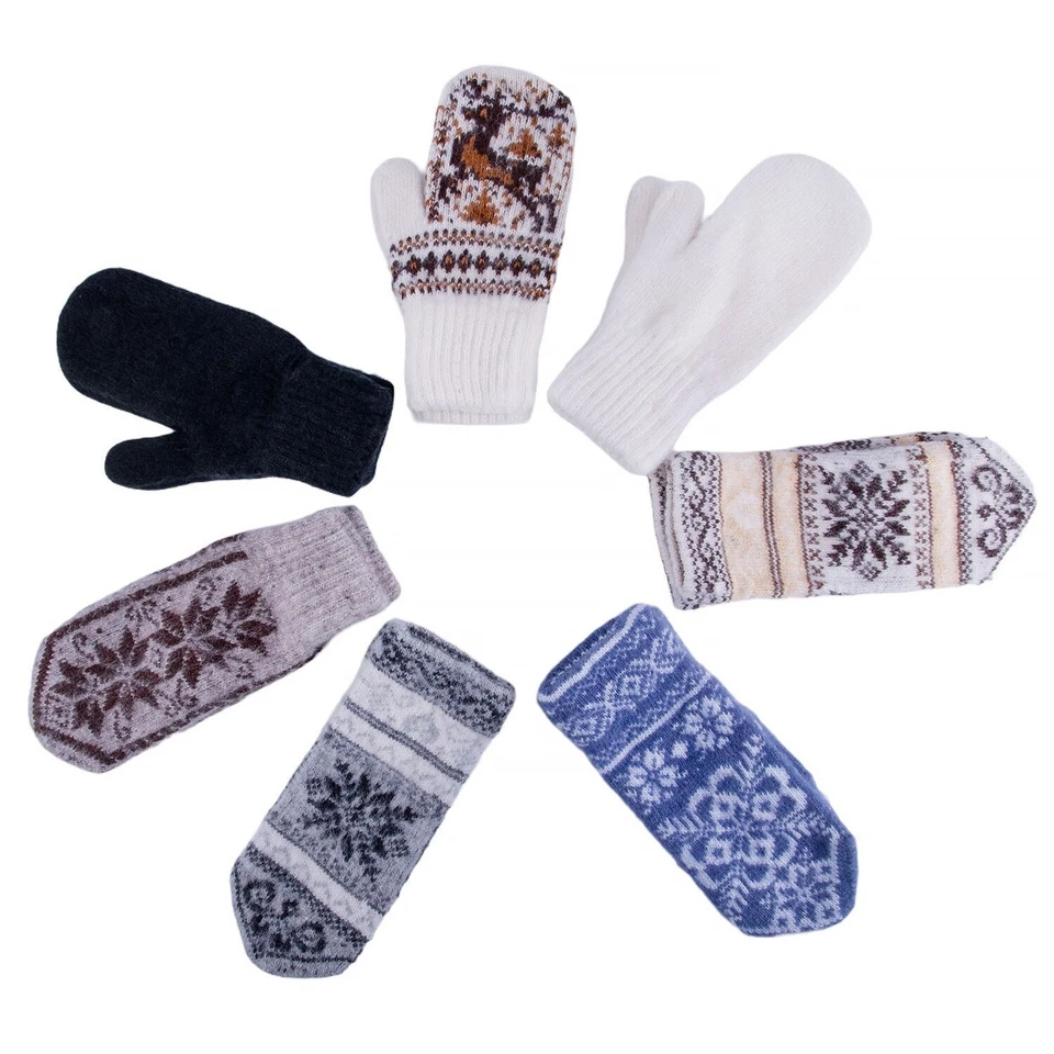 Wool Mittens Knit Fair Isle Nordic Warm Folk Soft Mitts Snowflake Beige - Image 2 of 3