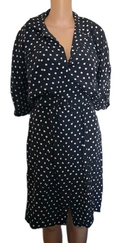 Norma Kamali, Vintage Norma Kamali Midi Dress Navy Polka Dot Wrap Dress Size M 80s