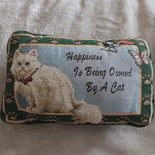 Vintage Tapestry Throw Pillow 'Happiness Is Being Owned By A Cat'
