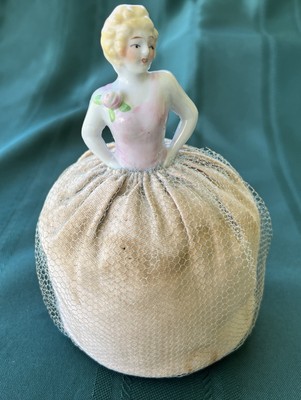 Antique Vintage Porcelain Lady Half Doll In Original Pink Dress Pincushion