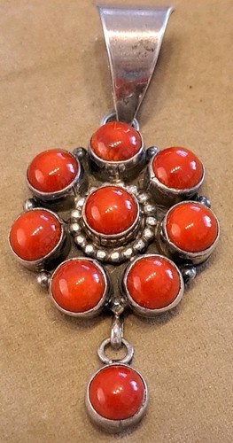 Vintage Indianer Sterlingsilber rote Koralle BEA TOM 2,75" handgefertigter Anhänger