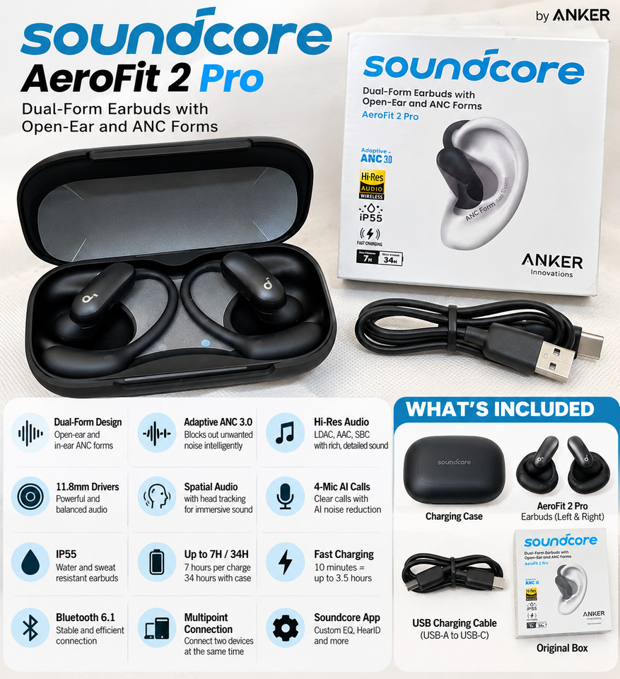 Soundcore by Anker AeroFit 2 Pro Wireless Earbuds A3875 Black ANC Hi-Res
