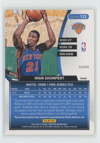 2012-13 Panini Totally Certified Iman Shumpert 20/49 New York Knicks #122 - Picture 2 of 2