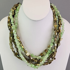 Shell Beaded Necklace Dyed Five Layered Green Crackle Glass 18"