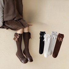 4 Pairs Kids Girls Cotton Mid Tube Calf Bow Long Socks Over Knee Highs Socks