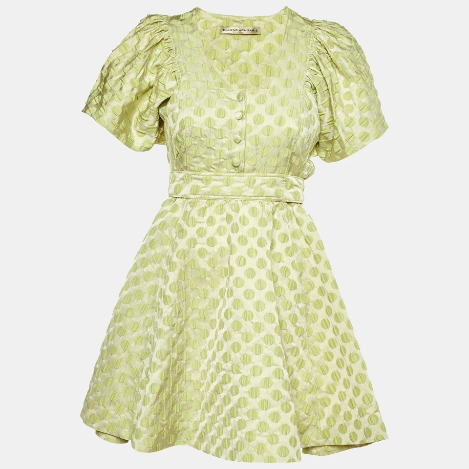 Vestido Midi Balenciaga Verde Punteado Seda Jacquard M
