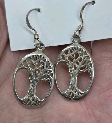 Tree of Life Oval Dangle Earrings 925 Sterling Silver Dangle Man Face In Trunk