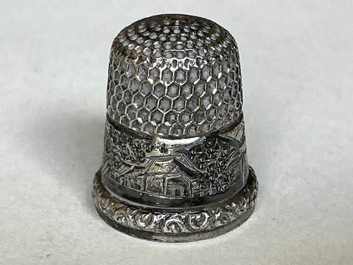 Antique Sterling Silver Thimble Hallmarked- Simon Bros.Size 4- CABIN WOODS SCENE