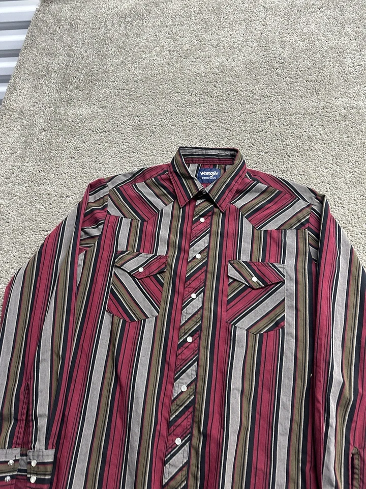 VTG Wrangler Pearl Snap Cowboy Shirt Men’s 23.5x32 Red Blue Stripe Rodeo Western - Image 4 of 4