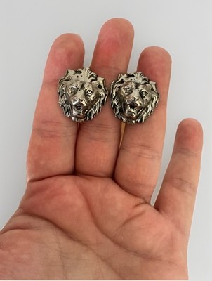 Vintage Anne Klein For Accessocraft Lion Head Clip Earrings Silver Tone Signed