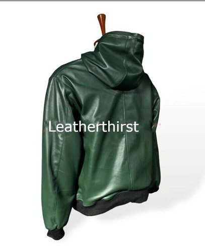 Chaqueta de cuero bombardero con capucha verde para hombre. Sudadera con... - Imagen 2 de 4