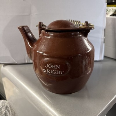 Vintage JOHN WRIGHT Blue Speckled Cast Iron Kettle Teapot w/ Handle Swivel Lid