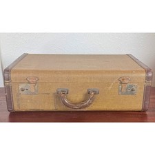 Brown Tweed Hard Sided Suitcase Ruched Interior Vintage Luggage