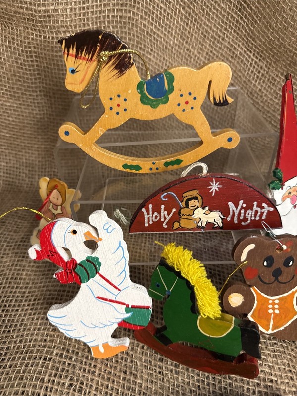 Lot of 11 Wooden Vtg Christmas Ornaments Rocking Horse Gnome Angel Bear Goose X2
