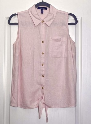 Ellen Tracy Linen Blend Sleeveless Top Size S Light Pink Tie Front Quiet Luxury