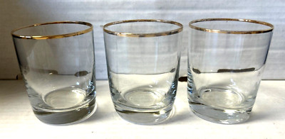 3 Vintage Clear w/Gold Rim Weighted Low Ball Whiskey Glasses