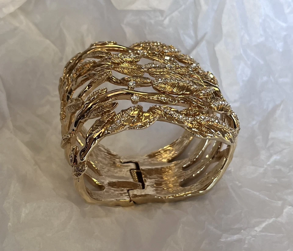 Rachel Zoe Gold Tone Clear Rhinestone Floral Large Cuff Bracelet - Image 3 of 4