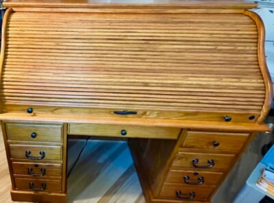 54'' Deluxe Executive Solid Oak Roll Top Desk Light Harvest Finish Excellent Cond
