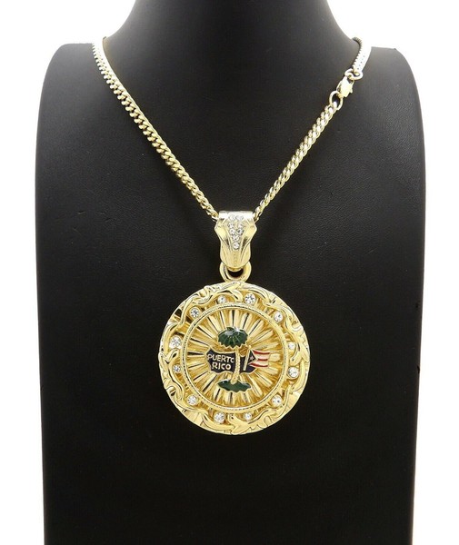 Alternate view of Puerto Rico Flag Gold Plated Medal Pendant 4mm Cuban Chain Necklace