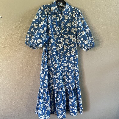 ZARA Dress Womens XS Blue BLOGGER Favorite Floral Drop Waist Midi Button Up  Boho | eBay