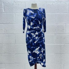 NAVY BLUE ABSTRACT MIDI DRESS BODYCON FRONT WRAP KNOT FRONT SLINKY Y2K UK 12