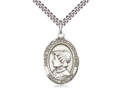 St Elizabeth Ann Seton Medal 1'' High Sterling w/ 24'' Endless Rhodium Curb Chain