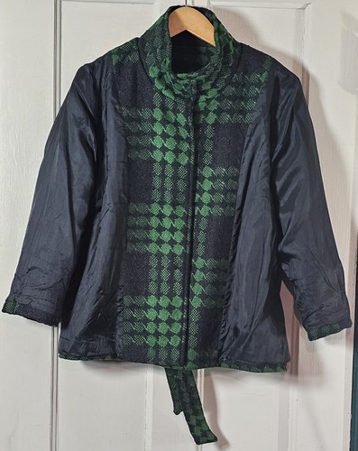 Grace Elements Jacket Women 10 Tartan Plaid Black Green Houndstooth Belt Coat - Picture 16 of 24