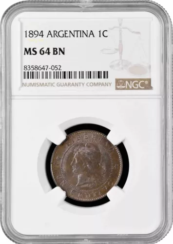 Argentina 1 centavo 1894, NGC MS64 BN, "Argentine Peso (1881 - 1969)" Top Pop