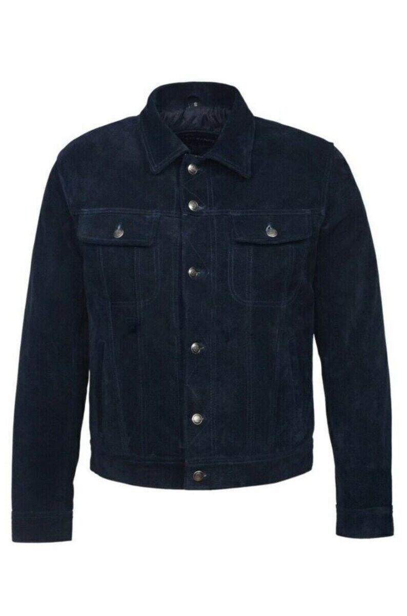 Chaqueta de gamuza hecha a mano de cuero genuino azul marino azul marino de cuero diseñador para hombres fiesta
