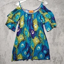 Voom By Joy Han Peacock Print Dress Womens Small Cold Shoulder Ruffle Sleeve