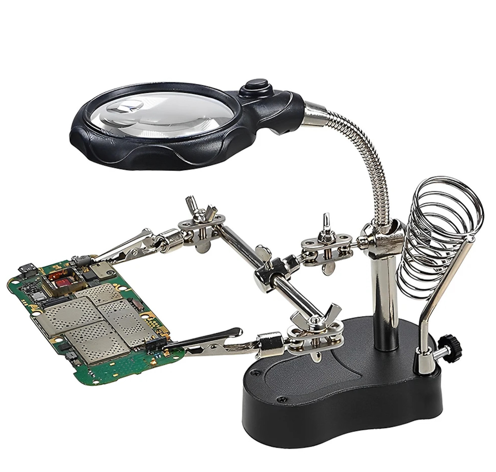 Loupe et support pour fer à souder avec troisième main et pinces de serrage pour établi