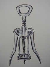 Original black pen & ink drawing of a chrome lever arm wine bottle corkscrew