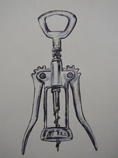 Original black pen & ink drawing of a chrome lever arm wine bottle corkscrew