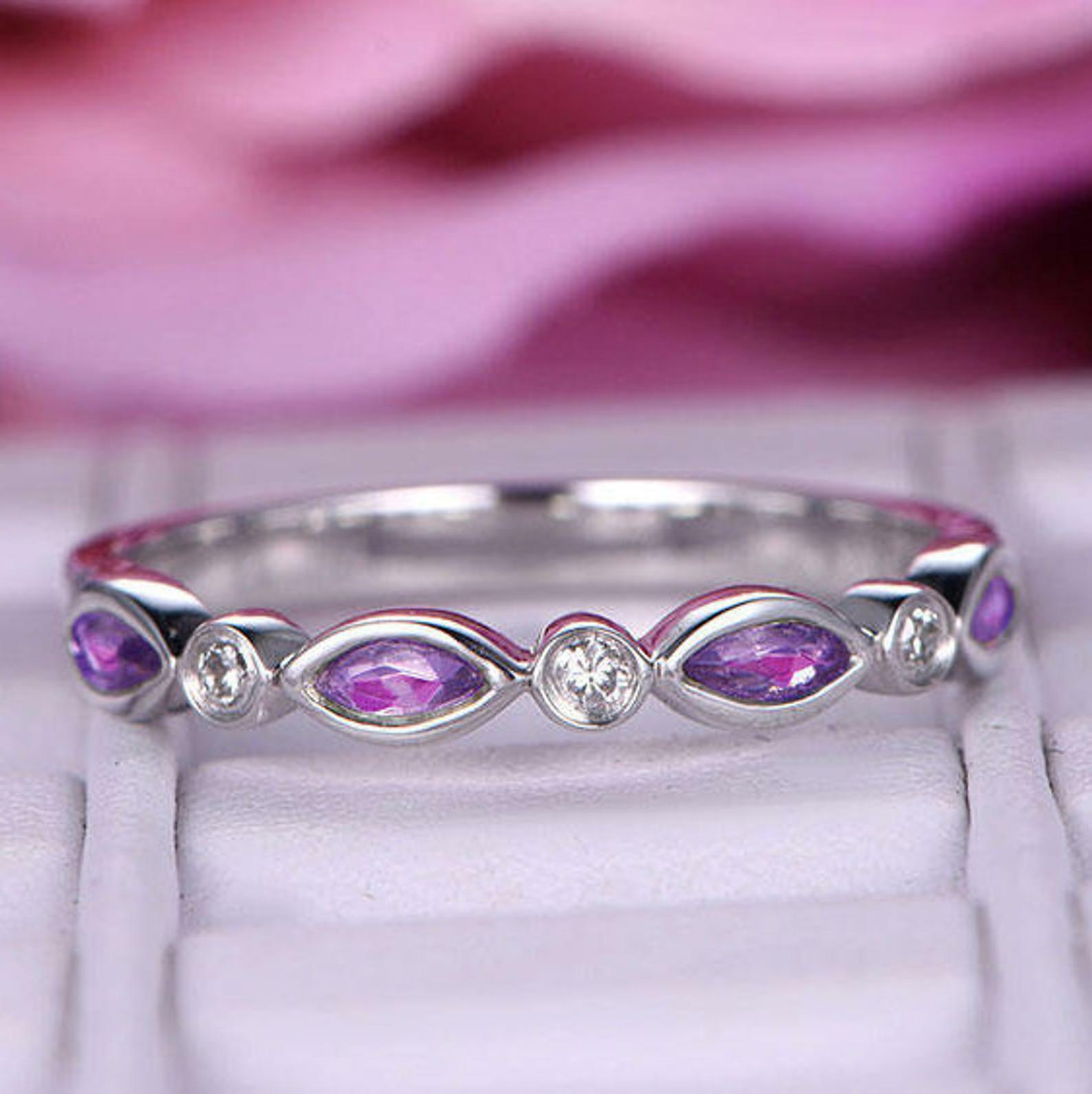 Natural Purple Amethyst Half Eternity Wedding Band in 925 Sterling Silver