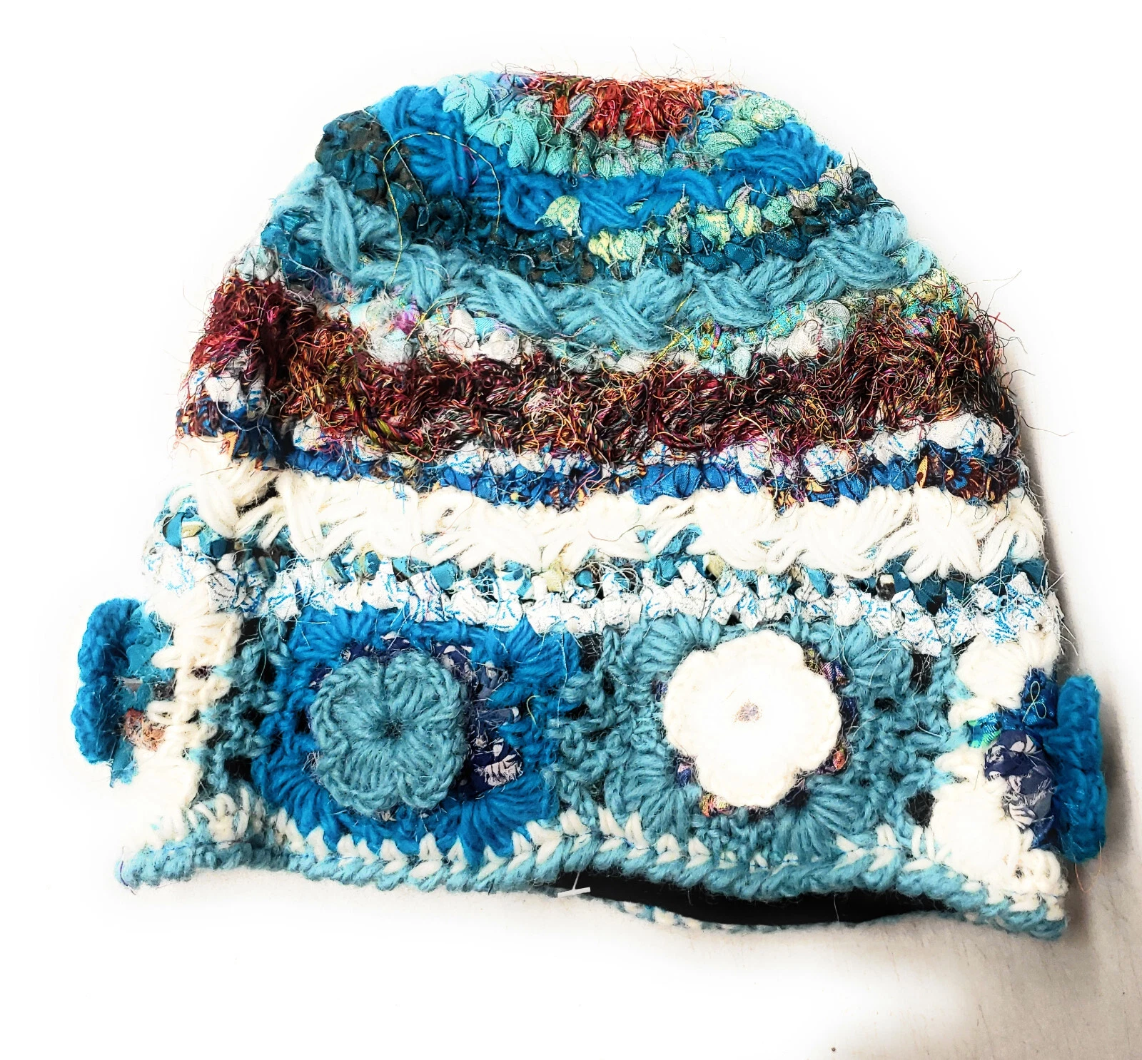 Hand Knit Wool & Recycled Silk Beanie Hat w/Flower Patchwork Design Fleece Lined