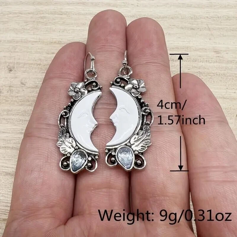 Fashion Women Retro Moon Face Flower Leaf Decor Dangle Silver Plated Earrings - Image 4 of 4