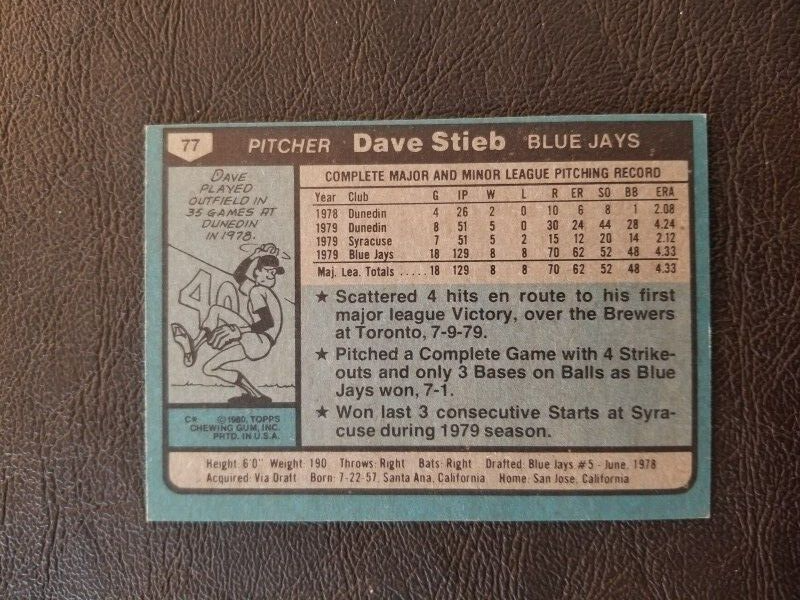 DAVE STIEB ROOKIE 1980 TOPPS BASEBALL CARD #77 TORONTO BLUE JAYS