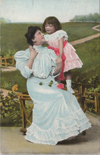 Lithograph Mother & Daughter Posing in Pretty Dresses w/ Flowers 1908