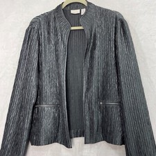 Chico's Crinkle Shine Open Front Jacket Sz 1 M Metallic Silver Gray Zip Pockets