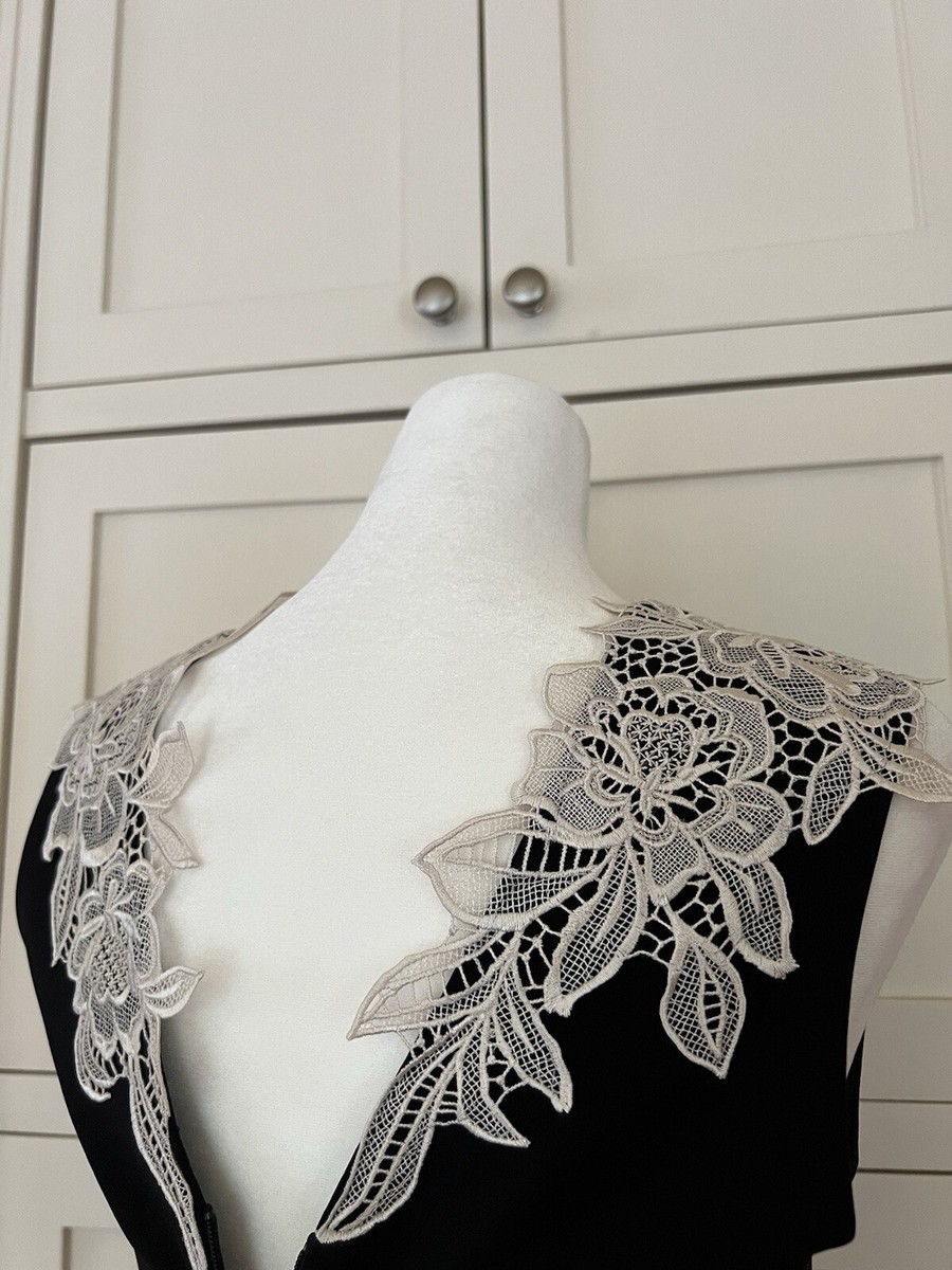 Karen Millen Black Pencil Cocktail Dress w/ White Flower Appliqué