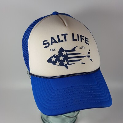 Salt Life 2003 Snapback Mesh Trucker Hat Cap White Blue American Flag  Logo