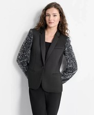 DKNY Sequinned-Sleeve Single-Button Blazer Women's 2 Black Side Pockets Collared